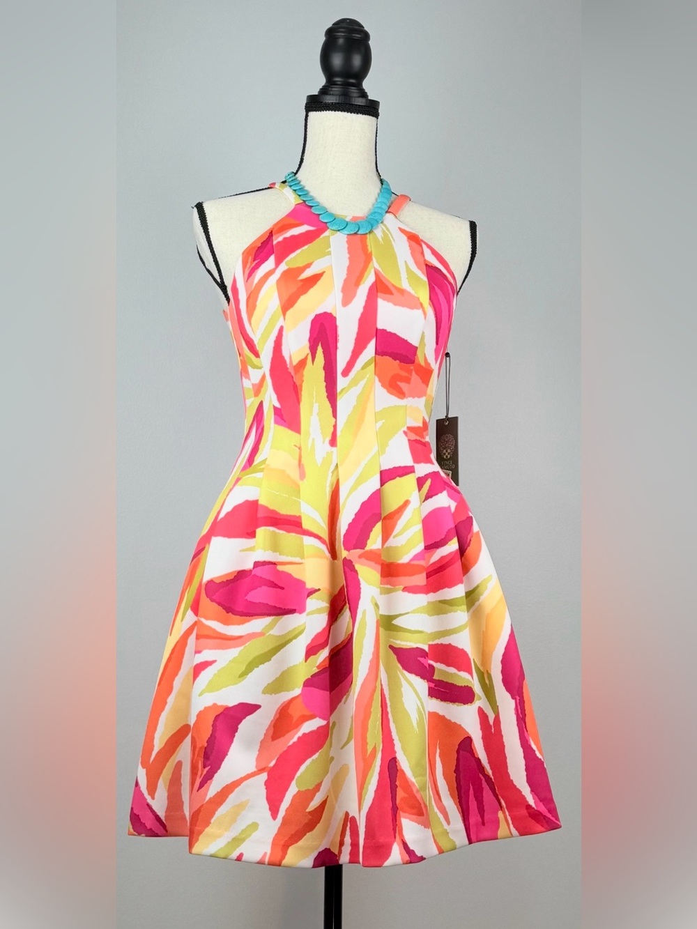 Vibrant Halter Summer Dress - Pink & Yellow Tropical Print with pleated skirt